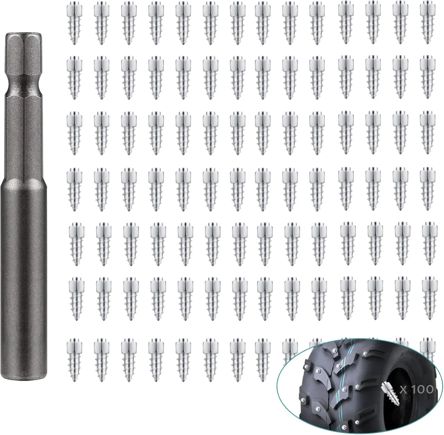 100pcs Snow Tire Screw in Tire Studs, Wheel Tire Spikes with Installation Tool Anti-Slip/Anti-ice for Car/Tractor/ATV/UTV/Farm/Electric Scooter/Mining and Heavy Equipment, 4mm(W) X 12mm(L)