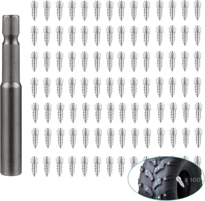 100pcs Snow Tire Screw in Tire Studs, Wheel Tire Spikes with Installation Tool Anti-Slip/Anti-ice for Car/Tractor/ATV/UTV/Farm/Electric Scooter/Mining and Heavy Equipment, 4mm(W) X 12mm(L)