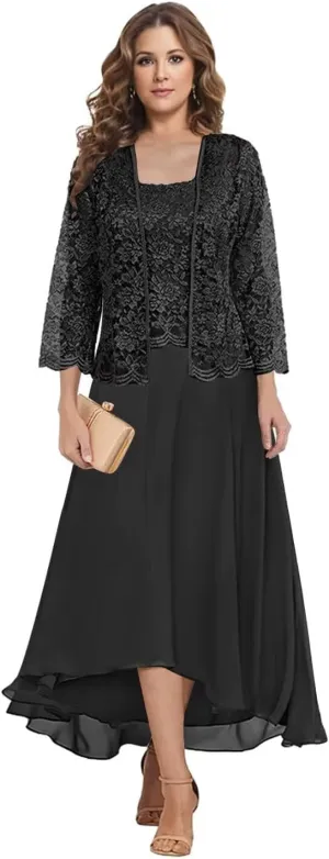 2 Piece Mother of The Bride Dresses for Wedding Tea Length Lace Chiffon Formal Evening Gown with Jacket