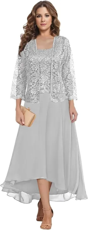 2 Piece Mother of The Bride Dresses for Wedding Tea Length Lace Chiffon Formal Evening Gown with Jacket