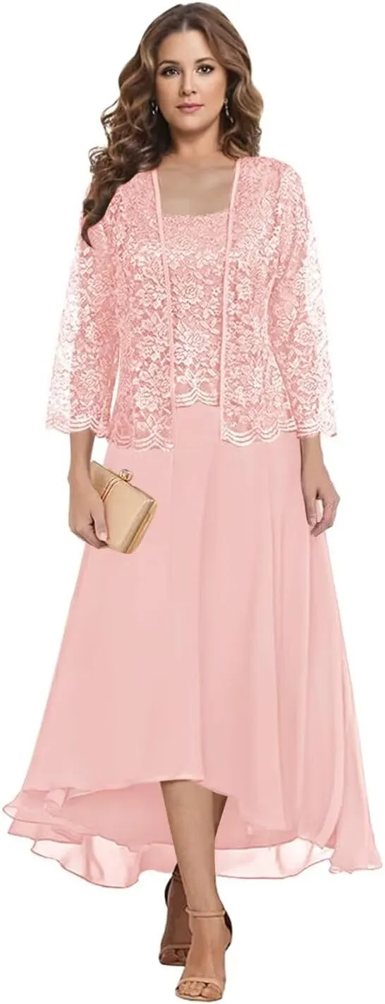 2 Piece Mother of The Bride Dresses for Wedding Tea Length Lace Chiffon Formal Evening Gown with Jacket