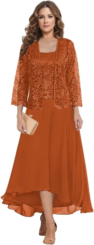 2 Piece Mother of The Bride Dresses for Wedding Tea Length Lace Chiffon Formal Evening Gown with Jacket