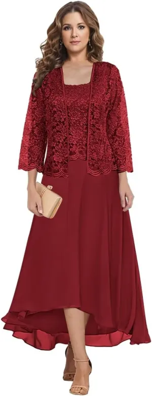 2 Piece Mother of The Bride Dresses for Wedding Tea Length Lace Chiffon Formal Evening Gown with Jacket