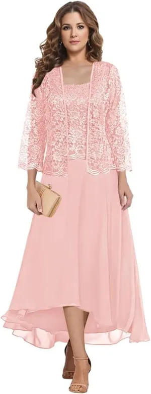 2 Piece Mother of The Bride Dresses for Wedding Tea Length Lace Chiffon Formal Evening Gown with Jacket