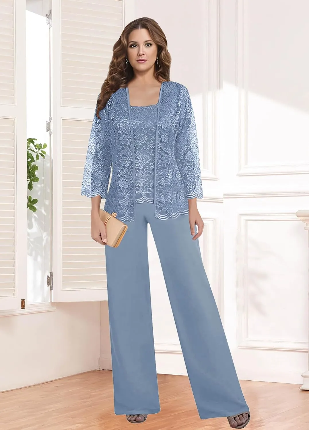 3 Pieces Mother of The Bride Pant Suits for Women Dressy with Jacket Chiffon Lace Long Formal Wedding Outfit