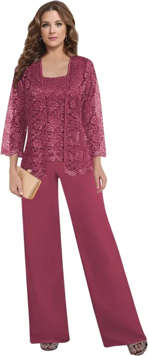3 Pieces Mother of The Bride Pant Suits for Women Dressy with Jacket Chiffon Lace Long Formal Wedding Outfit
