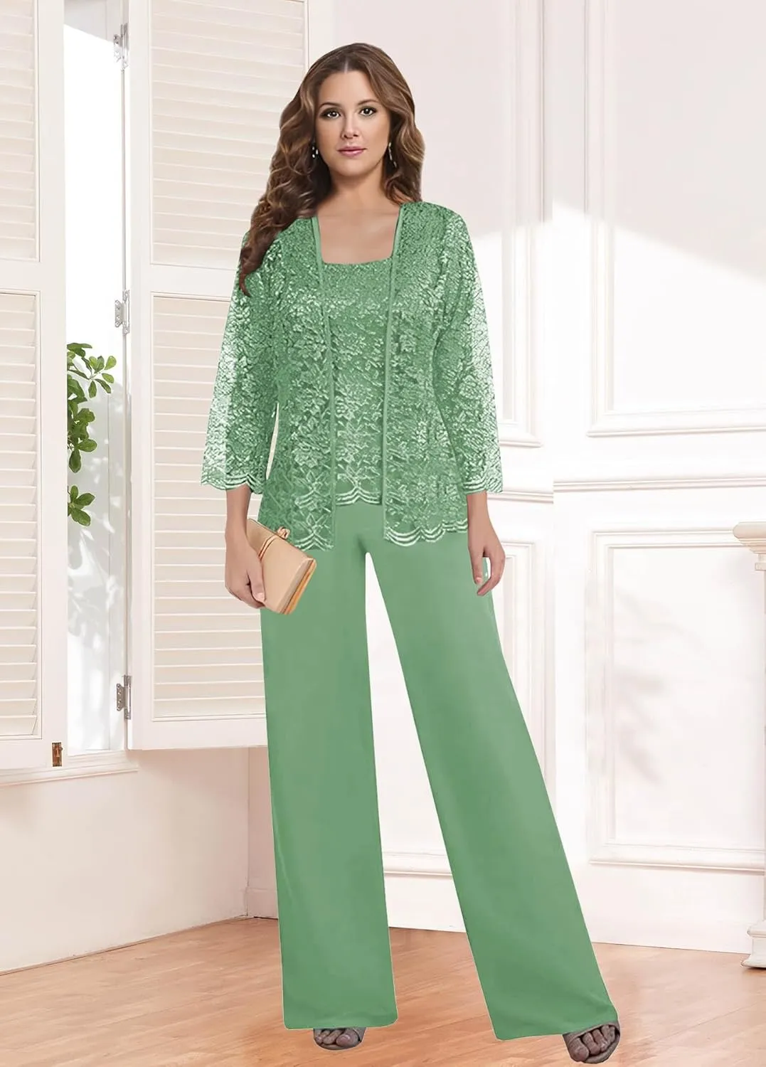 3 Pieces Mother of The Bride Pant Suits for Women Dressy with Jacket Chiffon Lace Long Formal Wedding Outfit