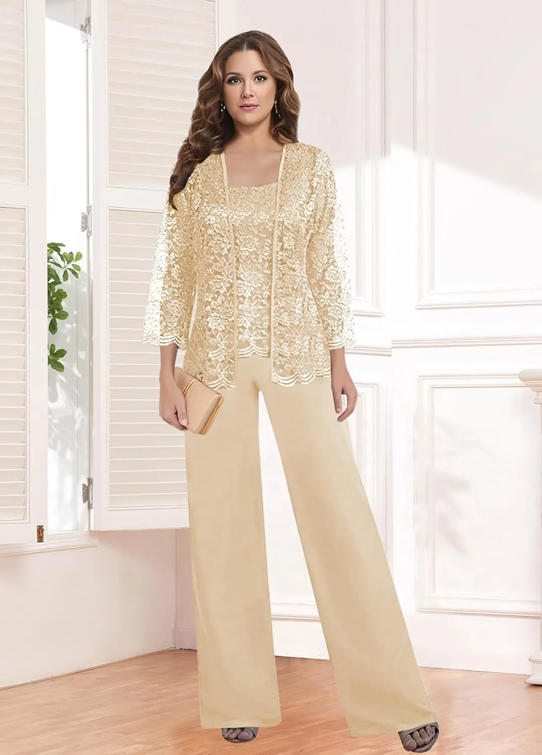 3 Pieces Mother of The Bride Pant Suits for Women Dressy with Jacket Chiffon Lace Long Formal Wedding Outfit