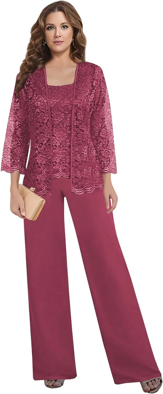 3 Pieces Mother of The Bride Pant Suits for Women Dressy with Jacket Chiffon Lace Long Formal Wedding Outfit