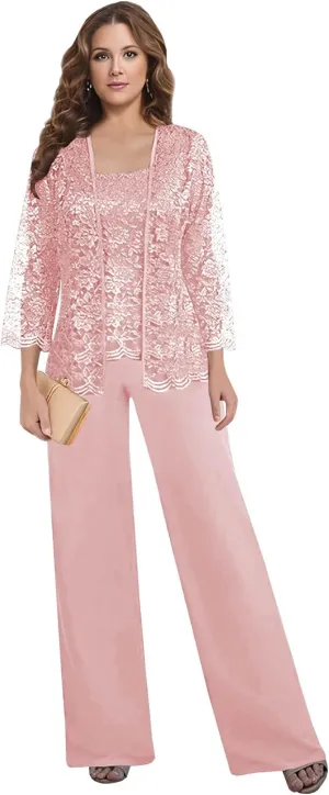 3 Pieces Mother of The Bride Pant Suits for Women Dressy with Jacket Chiffon Lace Long Formal Wedding Outfit