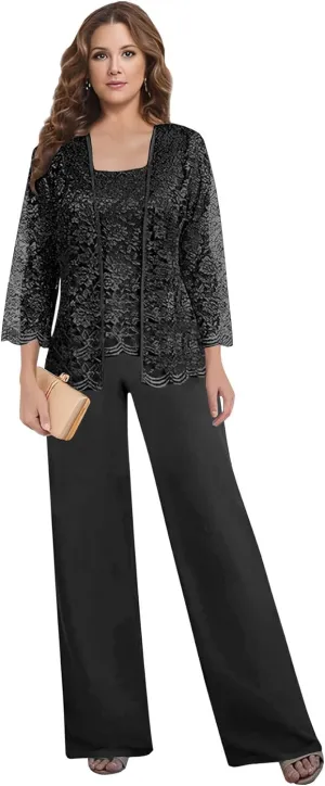 3 Pieces Mother of The Bride Pant Suits for Women Dressy with Jacket Chiffon Lace Long Formal Wedding Outfit