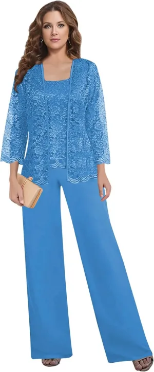 3 Pieces Mother of The Bride Pant Suits for Women Dressy with Jacket Chiffon Lace Long Formal Wedding Outfit
