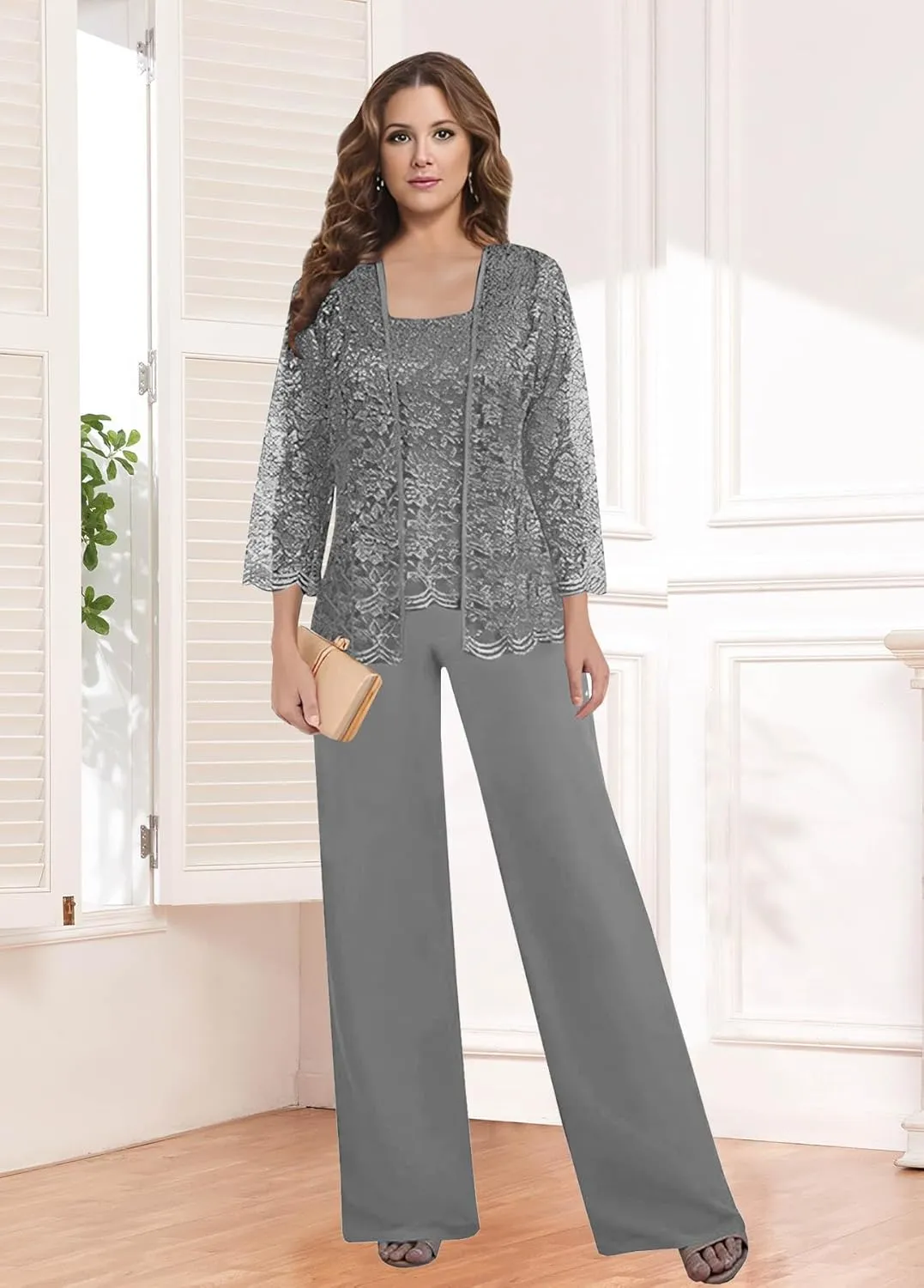 3 Pieces Mother of The Bride Pant Suits for Women Dressy with Jacket Chiffon Lace Long Formal Wedding Outfit