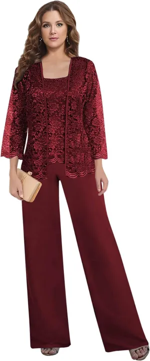 3 Pieces Mother of The Bride Pant Suits for Women Dressy with Jacket Chiffon Lace Long Formal Wedding Outfit
