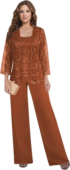 3 Pieces Mother of The Bride Pant Suits for Women Dressy with Jacket Chiffon Lace Long Formal Wedding Outfit