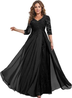 3/4 Sleeve Mother of The Bride Dresses for Wedding V Neck Lace Chiffon Sequin A Line Long Formal Evening Gown