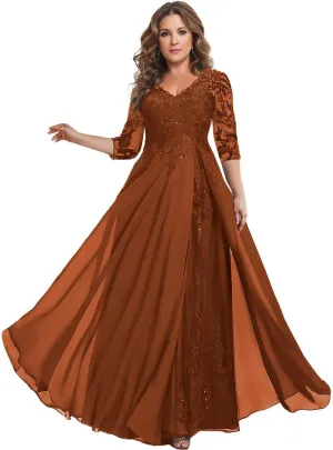 3/4 Sleeve Mother of The Bride Dresses for Wedding V Neck Lace Chiffon Sequin A Line Long Formal Evening Gown