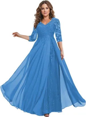 3/4 Sleeve Mother of The Bride Dresses for Wedding V Neck Lace Chiffon Sequin A Line Long Formal Evening Gown
