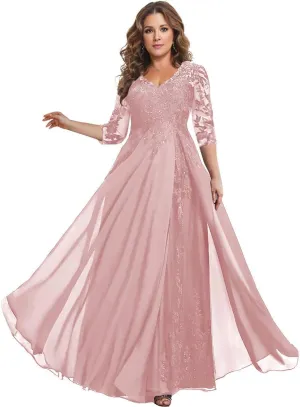 3/4 Sleeve Mother of The Bride Dresses for Wedding V Neck Lace Chiffon Sequin A Line Long Formal Evening Gown