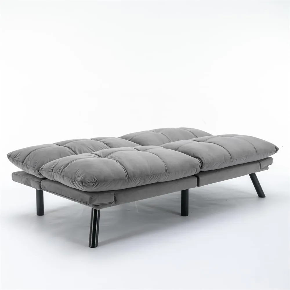 70.87" Futon Sofa Bed, Modern Convertible Sleeper Sofa Couch with Adjustable Backrest and Armrests, Velvet Tufted Loveseat Sofa with Metal Legs for Living Room, Bedroom, Apartment, Light Gray