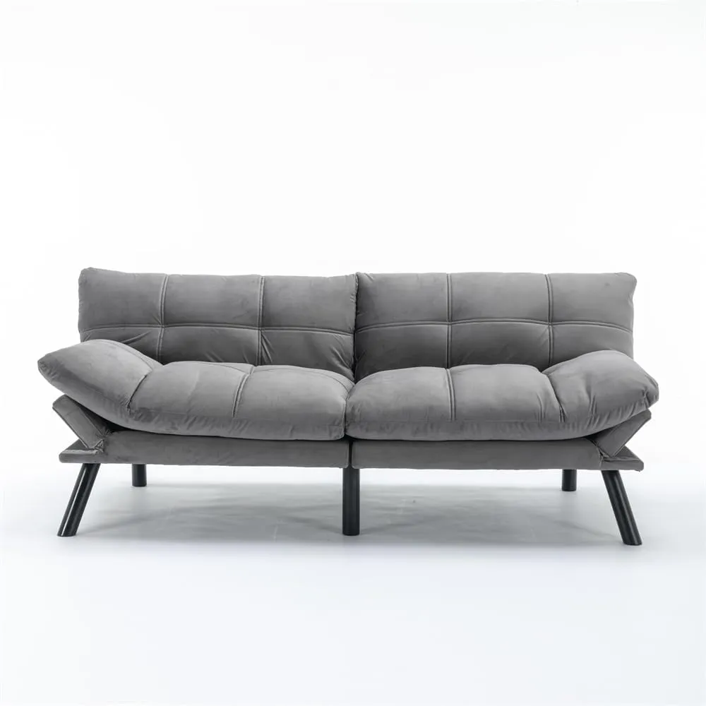 70.87" Futon Sofa Bed, Modern Convertible Sleeper Sofa Couch with Adjustable Backrest and Armrests, Velvet Tufted Loveseat Sofa with Metal Legs for Living Room, Bedroom, Apartment, Light Gray