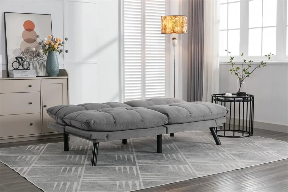70.87" Futon Sofa Bed, Modern Convertible Sleeper Sofa Couch with Adjustable Backrest and Armrests, Velvet Tufted Loveseat Sofa with Metal Legs for Living Room, Bedroom, Apartment, Light Gray