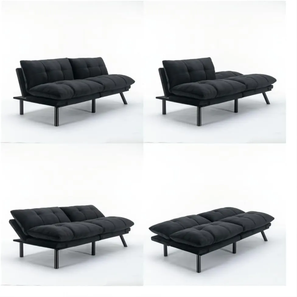 70.87" Velvet Futon Sofa Bed, Modern Convertible Sleeper Sofa Couch with Adjustable Backrest and Armrests, Tufted Loveseat Sofa with Metal Legs for Living Room, Bedroom, Apartment, Black