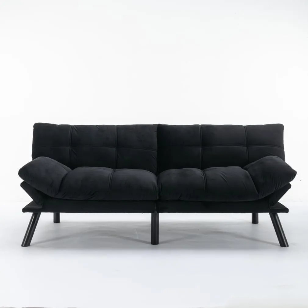 70.87" Velvet Futon Sofa Bed, Modern Convertible Sleeper Sofa Couch with Adjustable Backrest and Armrests, Tufted Loveseat Sofa with Metal Legs for Living Room, Bedroom, Apartment, Black