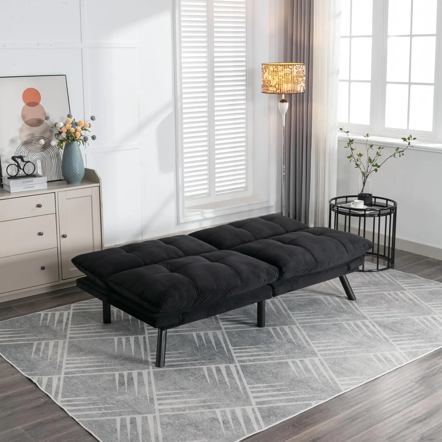 70.87" Velvet Futon Sofa Bed, Modern Convertible Sleeper Sofa Couch with Adjustable Backrest and Armrests, Tufted Loveseat Sofa with Metal Legs for Living Room, Bedroom, Apartment, Black