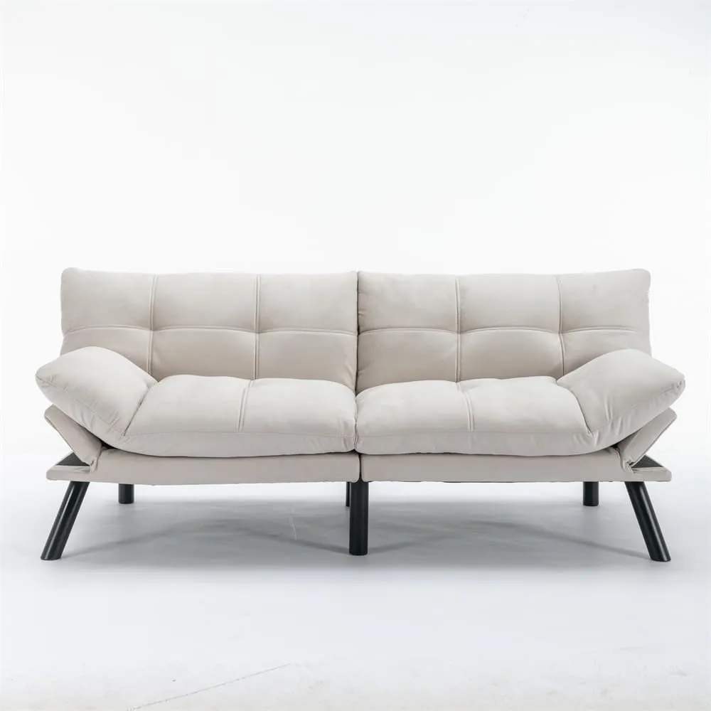 70.87" Velvet Futon Sofa Bed, Modern Convertible Sleeper Sofa Couch with Adjustable Backrest and Armrests, Tufted Loveseat Sofa with Metal Legs for Living Room Bedroom Apartment, Cream
