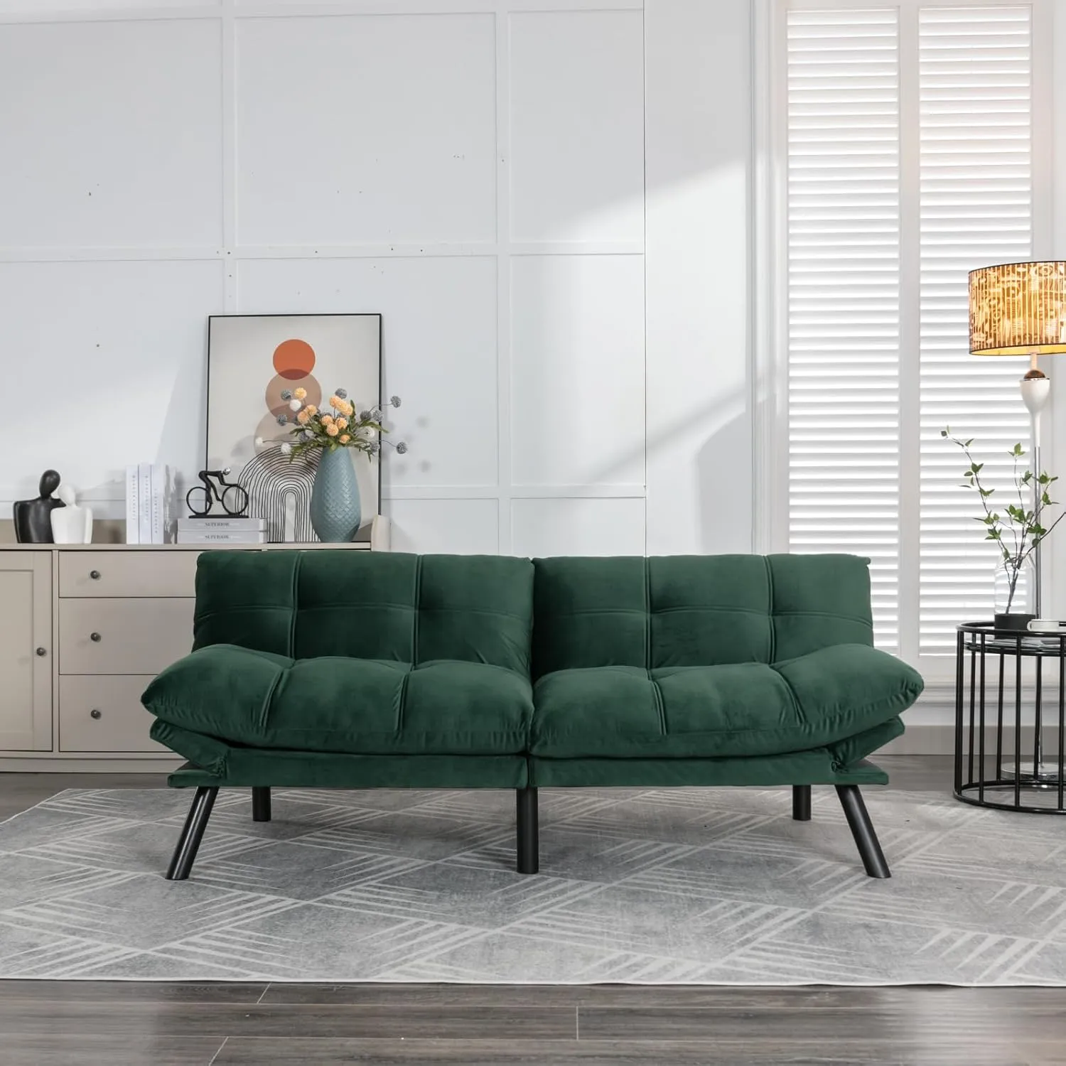 70.87" Velvet Futon Sofa Bed, Modern Convertible Sleeper Sofa Couch with Adjustable Backrest and Armrests, Tufted Loveseat Sofa with Metal Legs for Living Room, Bedroom, Apartment, Emerald