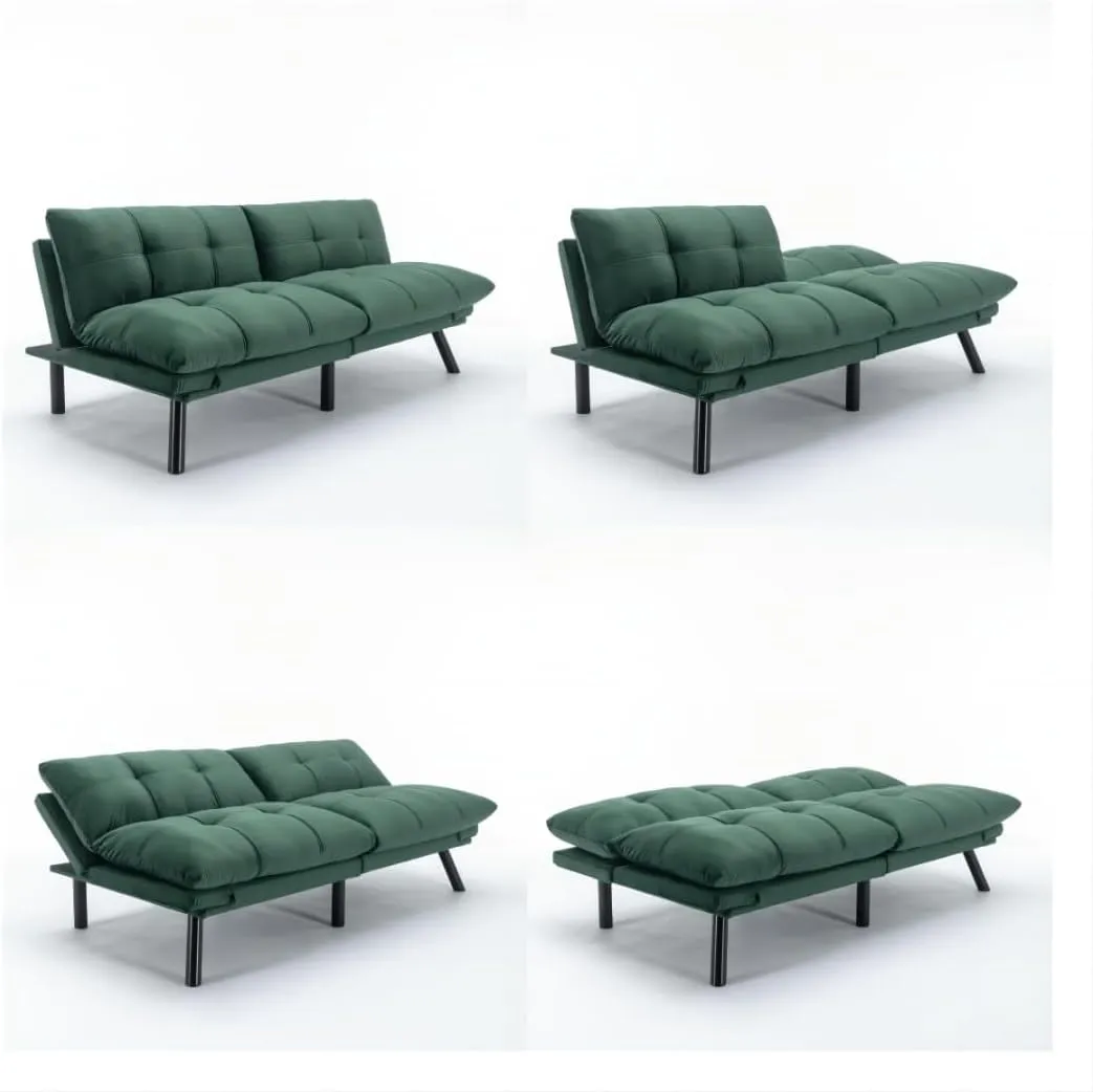 70.87" Velvet Futon Sofa Bed, Modern Convertible Sleeper Sofa Couch with Adjustable Backrest and Armrests, Tufted Loveseat Sofa with Metal Legs for Living Room, Bedroom, Apartment, Emerald