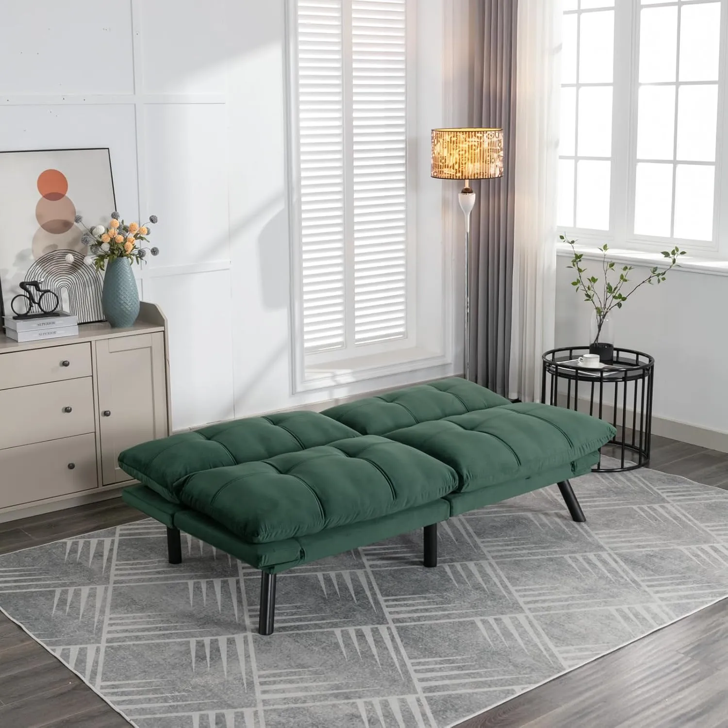 70.87" Velvet Futon Sofa Bed, Modern Convertible Sleeper Sofa Couch with Adjustable Backrest and Armrests, Tufted Loveseat Sofa with Metal Legs for Living Room, Bedroom, Apartment, Emerald