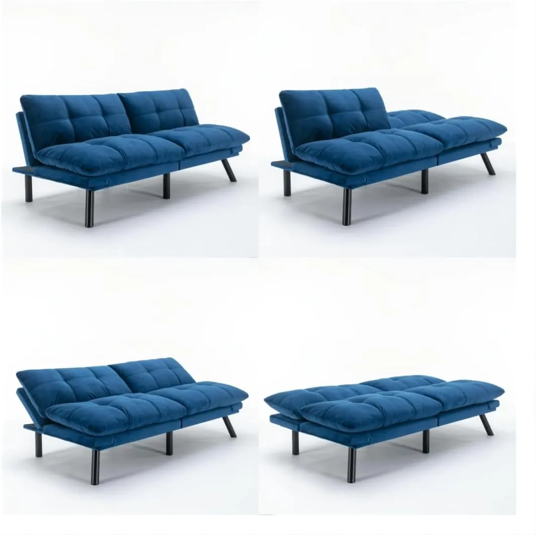 70.87" Velvet Futon Sofa Bed, Modern Convertible Sleeper Sofa Couch with Adjustable Backrest and Armrests, Tufted Loveseat Sofa with Metal Legs for Living Room, Bedroom, Apartment, Navy Blue