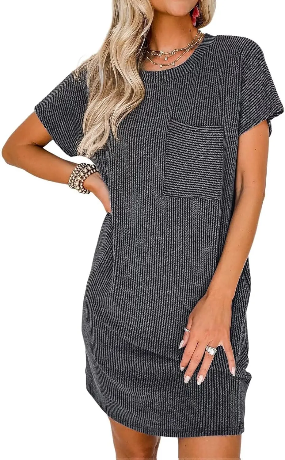 Acelitt Womens Casual Summer Crewneck Short Sleeve Ribbed Mini Tshirt Dress, XS-3XL