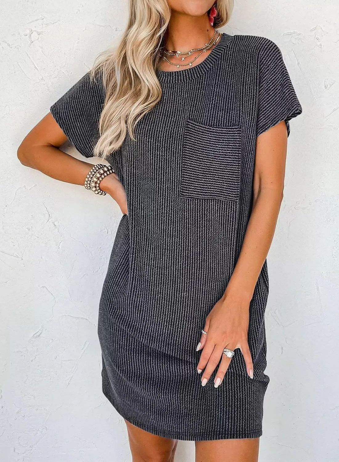 Acelitt Womens Casual Summer Crewneck Short Sleeve Ribbed Mini Tshirt Dress, XS-3XL