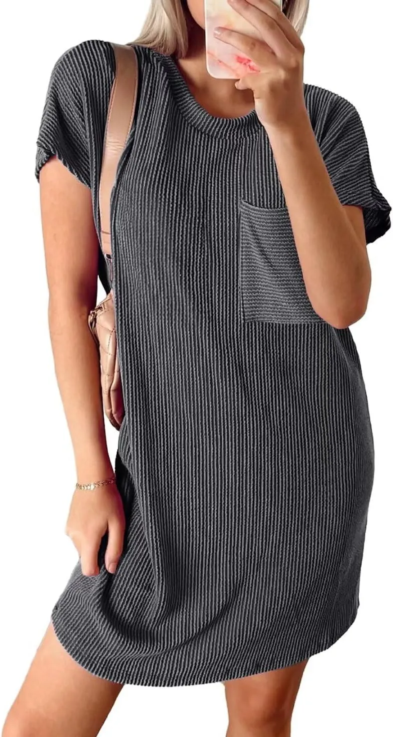 Acelitt Womens Casual Summer Crewneck Short Sleeve Ribbed Mini Tshirt Dress, XS-3XL