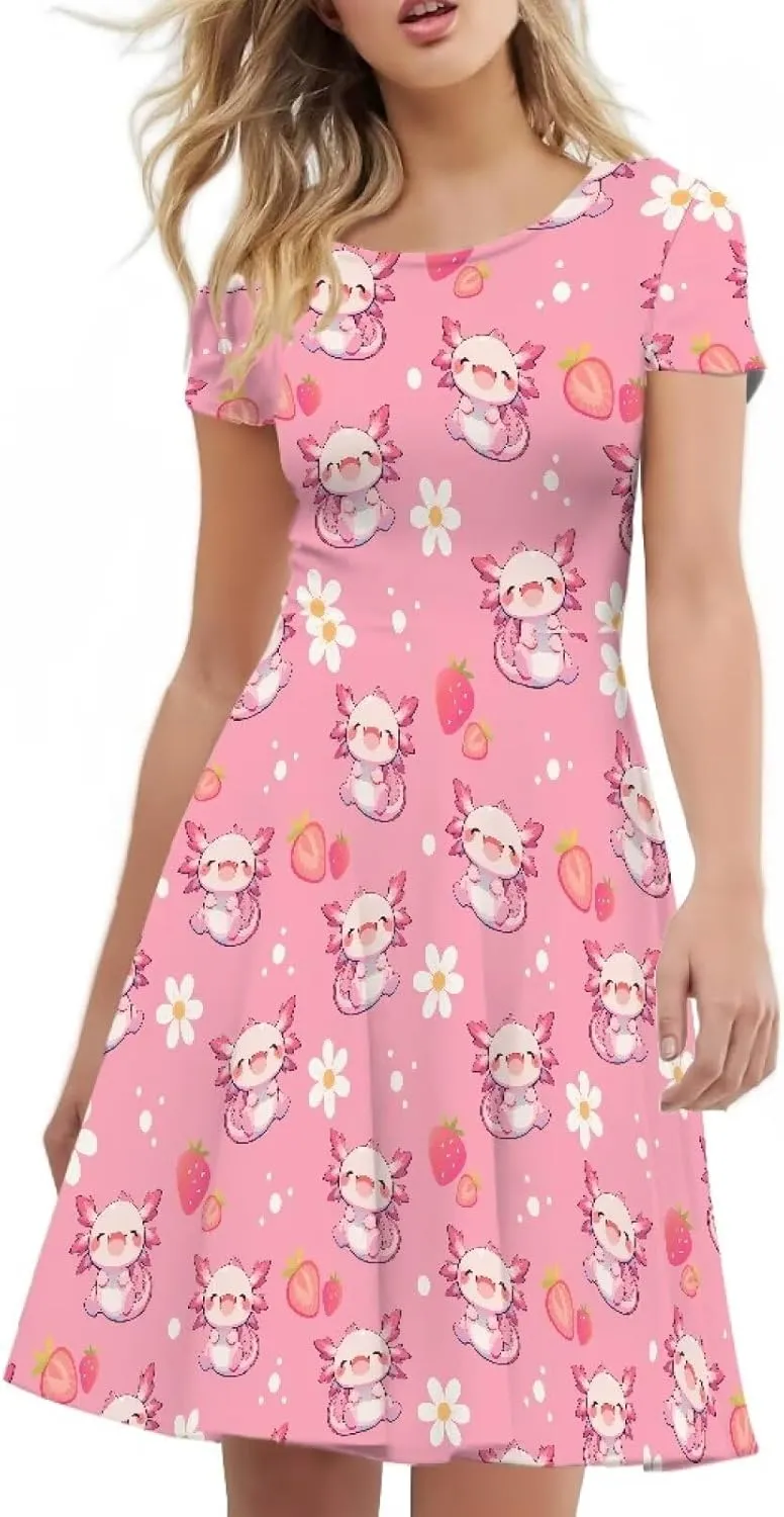 AFPANQZ Womens Casual Summer Lightweight Vintage Dress Short Sleeve Midi Dress Knee-Long Luxury Formal Dress