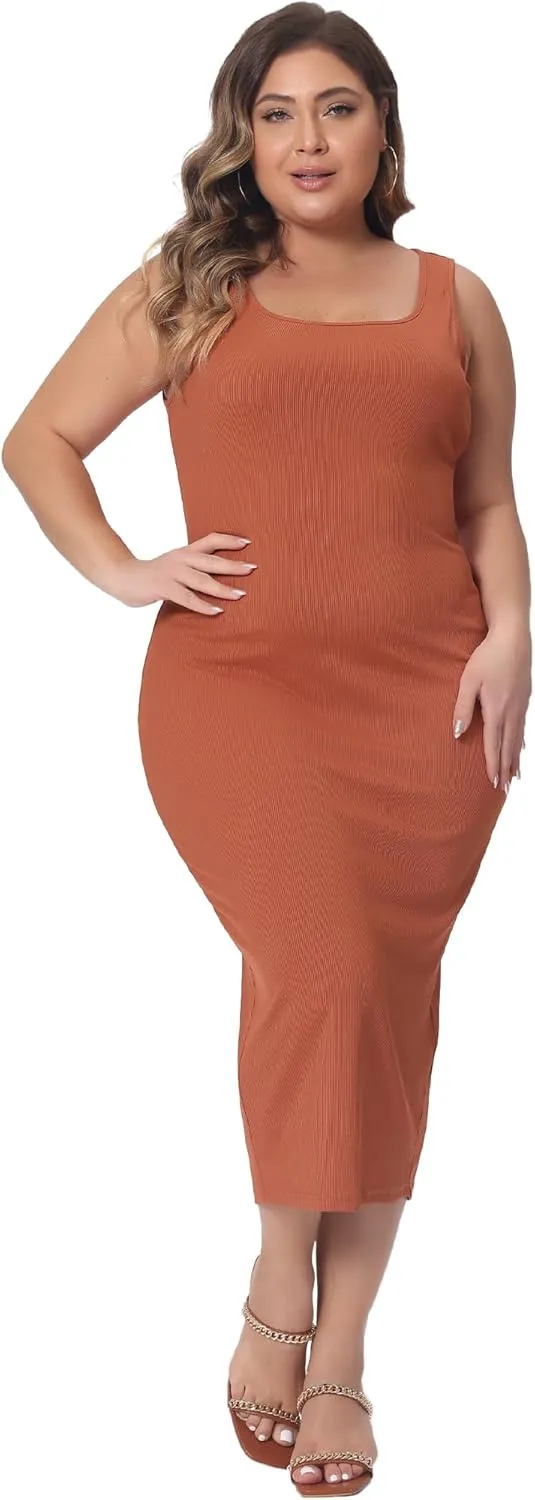 Agnes Orinda Plus Size Dress for Women Sleeveless Square Neck Bodycon Sundress Midi Tank Dress