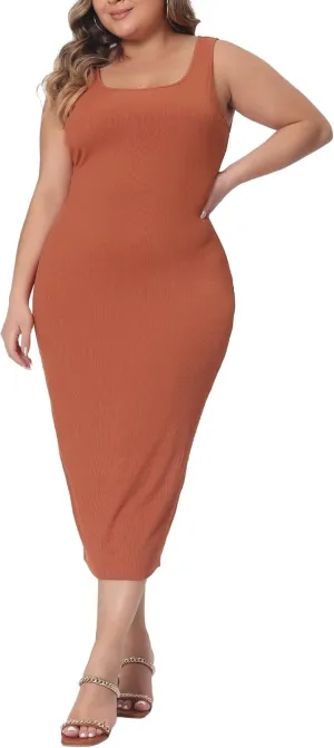Agnes Orinda Plus Size Dress for Women Sleeveless Square Neck Bodycon Sundress Midi Tank Dress