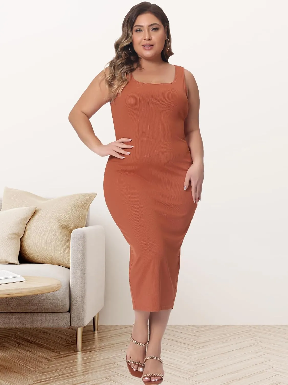 Agnes Orinda Plus Size Dress for Women Sleeveless Square Neck Bodycon Sundress Midi Tank Dress