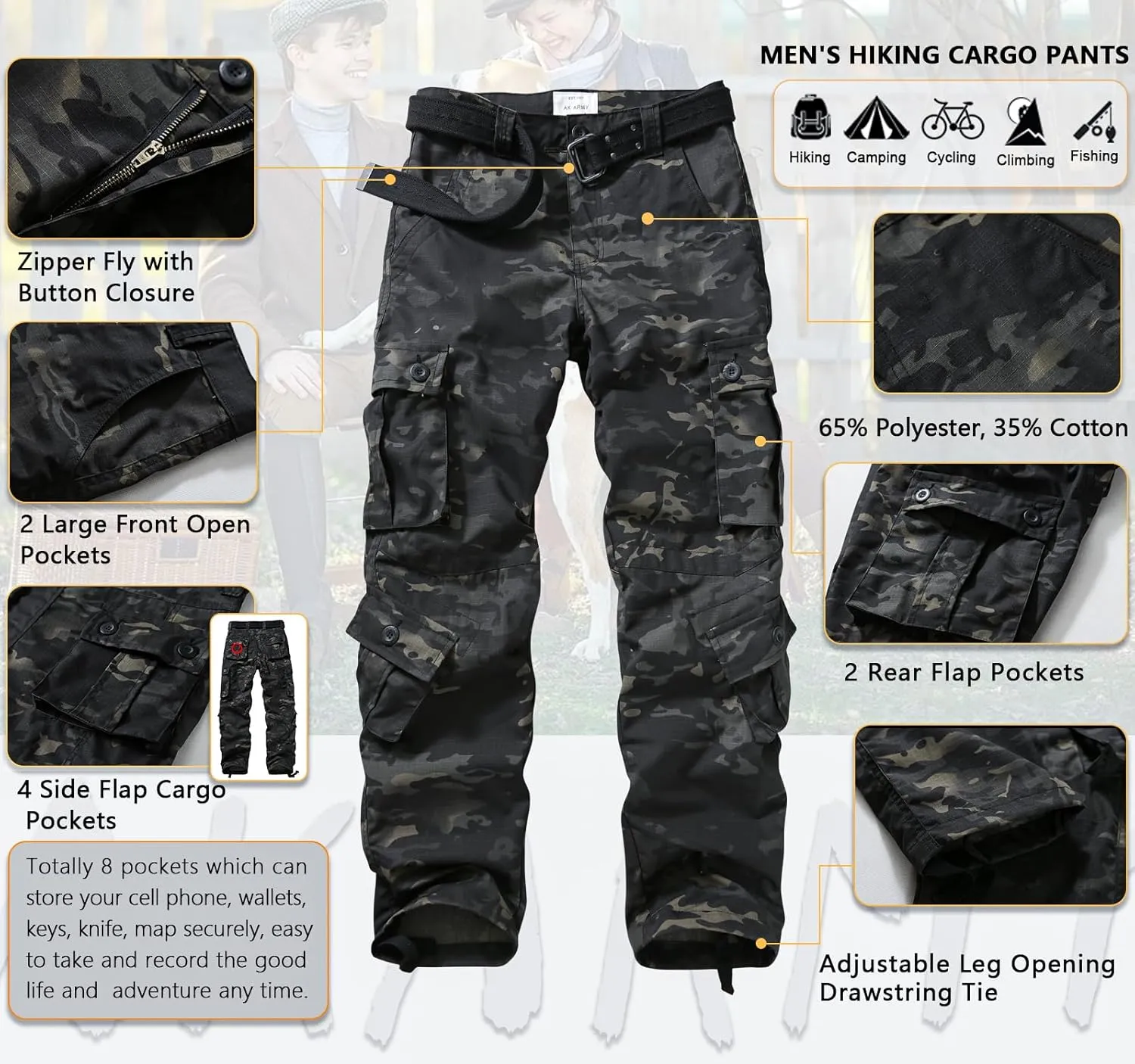 AKARMY Men's Lightweight Hiking Pants, Outdoor Quick Dry Ripstop Cargo Pants, Multi-Pocket Camo Casual Work Pants