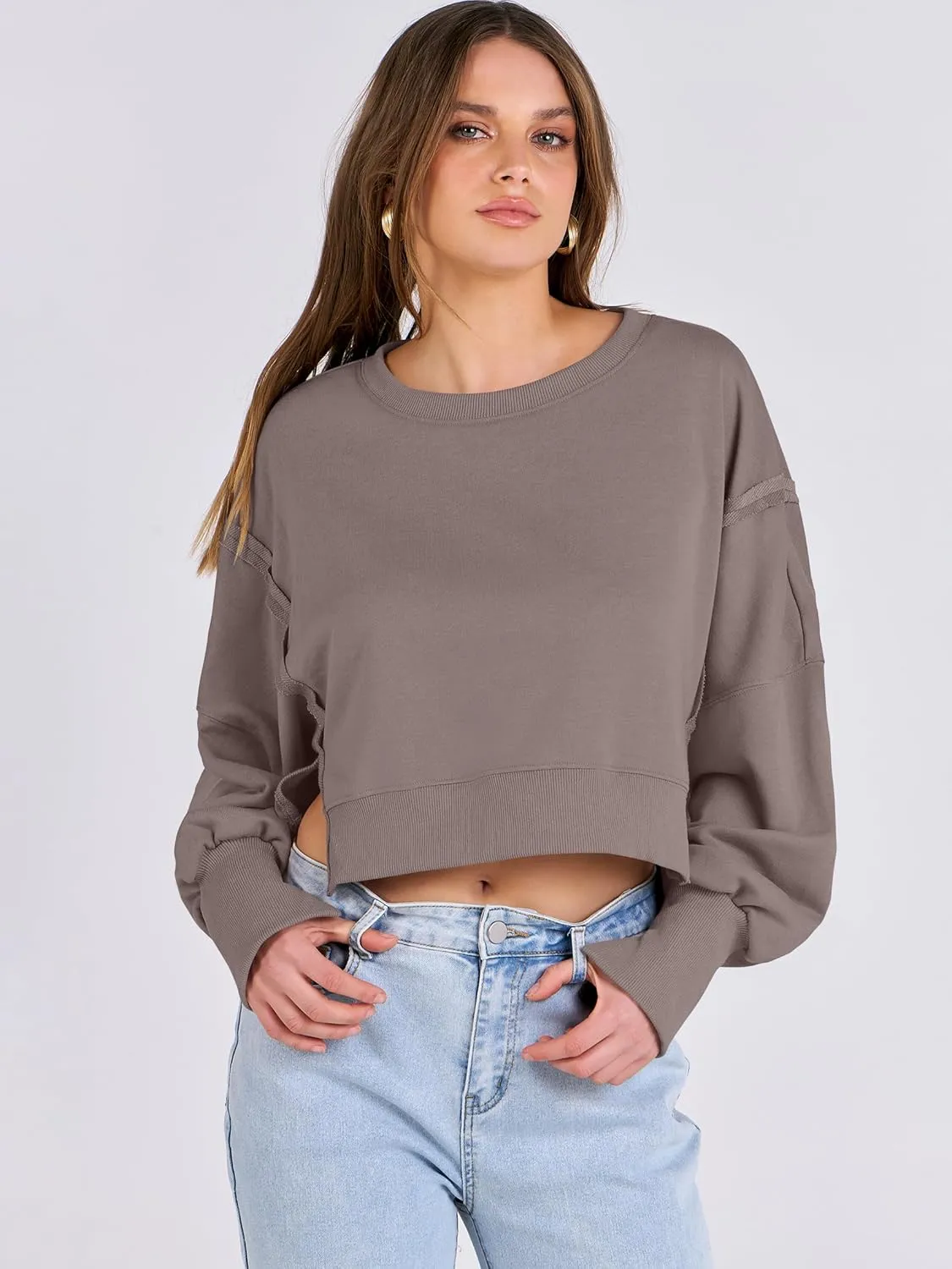 ANRABESS Womens Cropped Sweatshirts Oversized Crewneck Long Sleeve Tops 2025 Fall Winter Loose Pullover Teen Girls Clothes