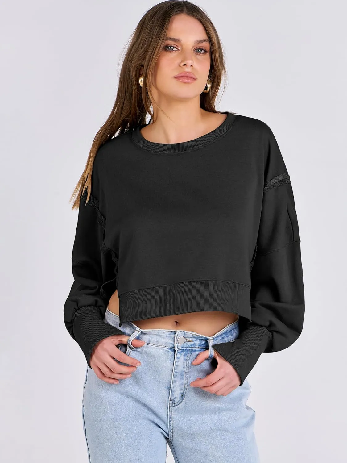 ANRABESS Womens Cropped Sweatshirts Oversized Crewneck Long Sleeve Tops 2025 Fall Winter Loose Pullover Teen Girls Clothes