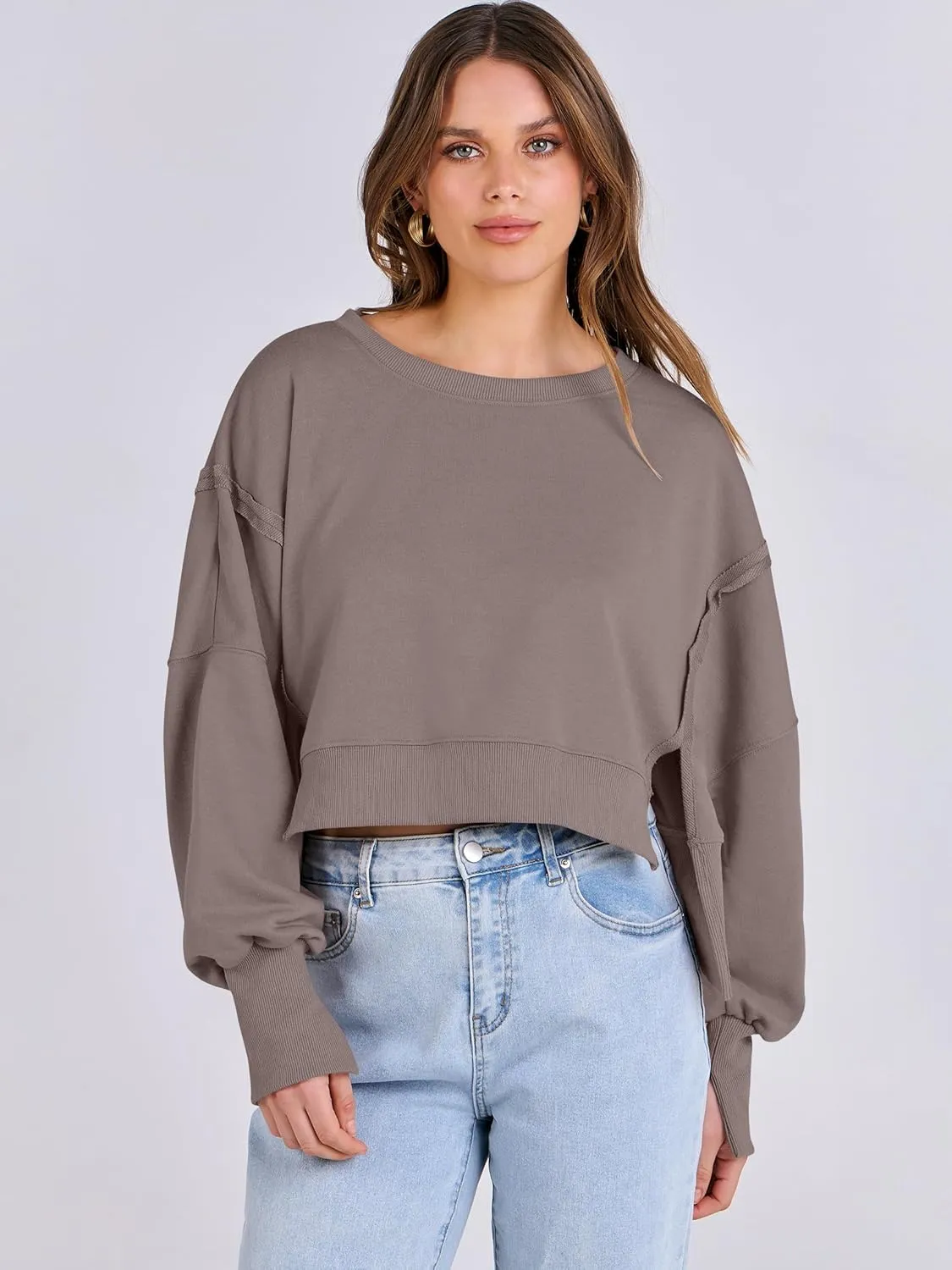 ANRABESS Womens Cropped Sweatshirts Oversized Crewneck Long Sleeve Tops 2025 Fall Winter Loose Pullover Teen Girls Clothes