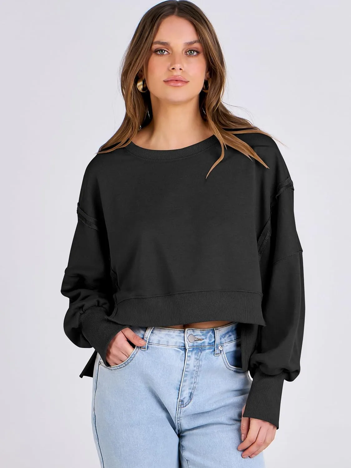 ANRABESS Womens Cropped Sweatshirts Oversized Crewneck Long Sleeve Tops 2025 Fall Winter Loose Pullover Teen Girls Clothes