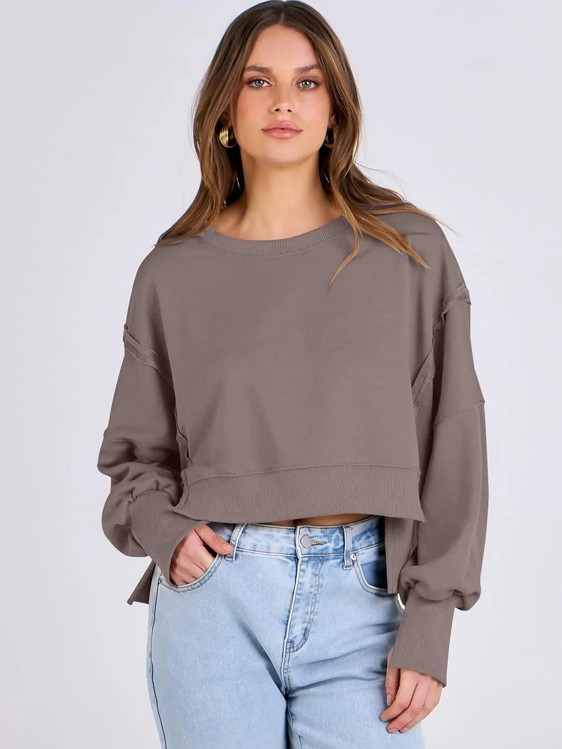 ANRABESS Womens Cropped Sweatshirts Oversized Crewneck Long Sleeve Tops 2025 Fall Winter Loose Pullover Teen Girls Clothes