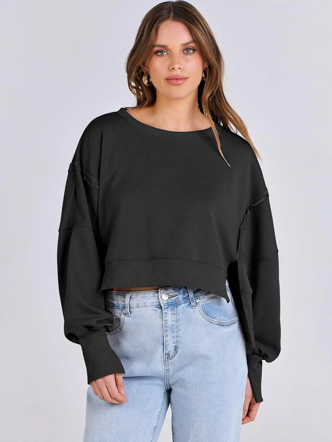 ANRABESS Womens Cropped Sweatshirts Oversized Crewneck Long Sleeve Tops 2025 Fall Winter Loose Pullover Teen Girls Clothes