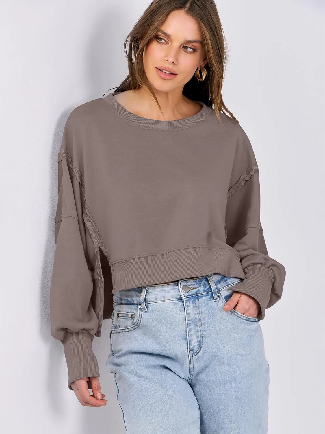 ANRABESS Womens Cropped Sweatshirts Oversized Crewneck Long Sleeve Tops 2025 Fall Winter Loose Pullover Teen Girls Clothes