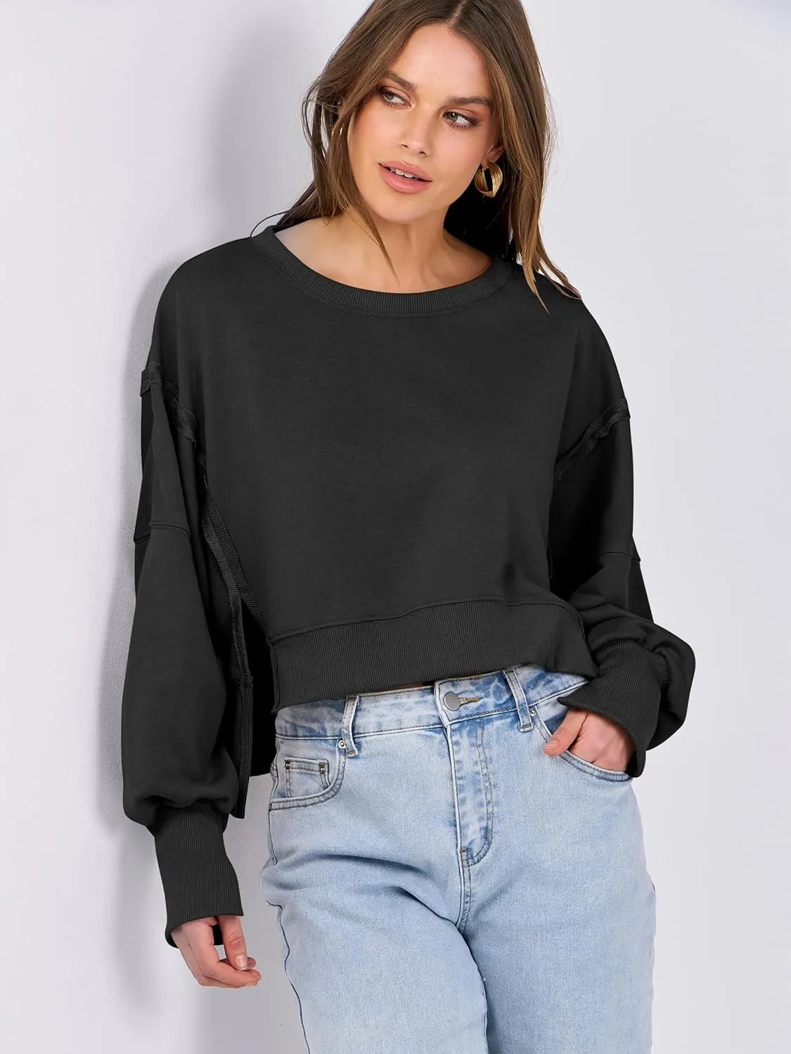 ANRABESS Womens Cropped Sweatshirts Oversized Crewneck Long Sleeve Tops 2025 Fall Winter Loose Pullover Teen Girls Clothes